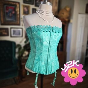 Vintage Y2K Fredericks of Hollywood Teal Brocade Lace Up Corset Top